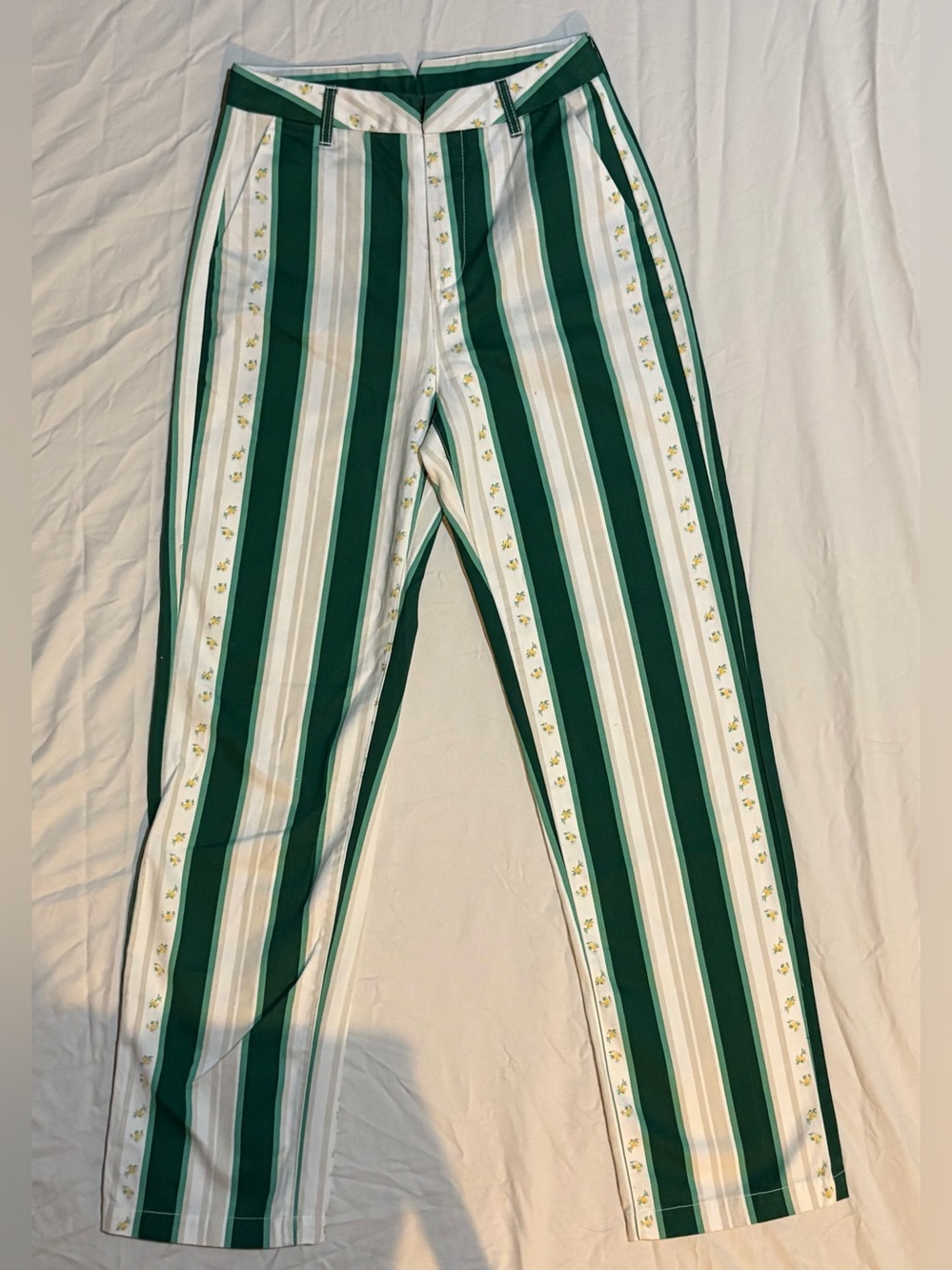 RVCA x Camille Rowe Green and White Striped Shorts with Yellow Accent